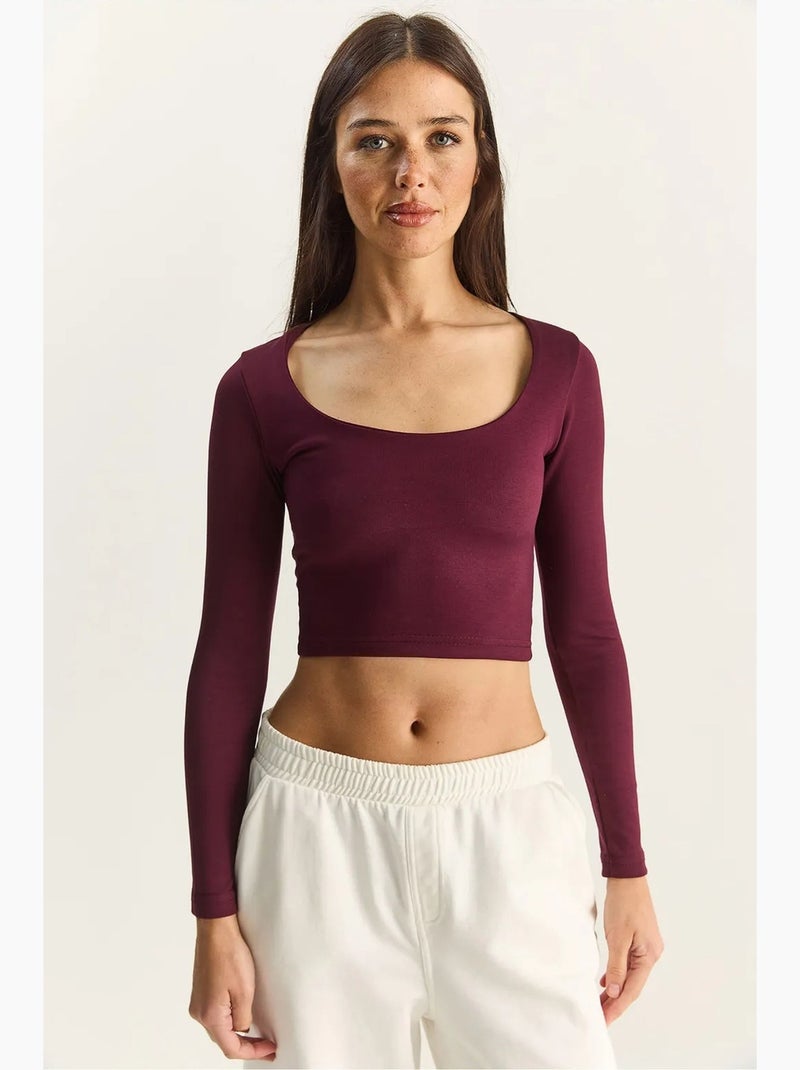 T-shirt manches longues basique court lucci Mauve - Kiabi