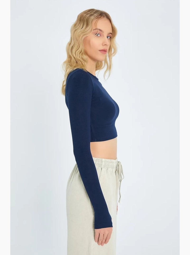T-shirt manches longues basique court mixray Bleu marine - Kiabi