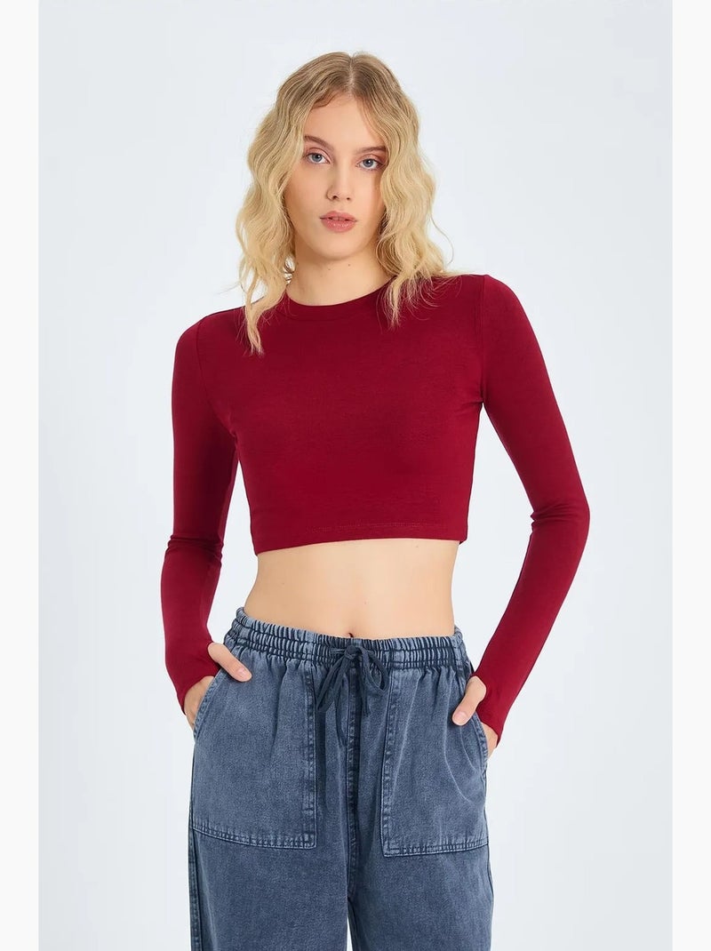 T-shirt manches longues basique court mixray Rouge bordeaux - Kiabi