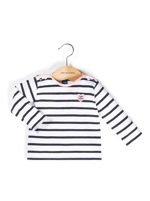 T-shirt manches longues blanc rayé bleu marine Fille - Terre de Marins - Kiabi