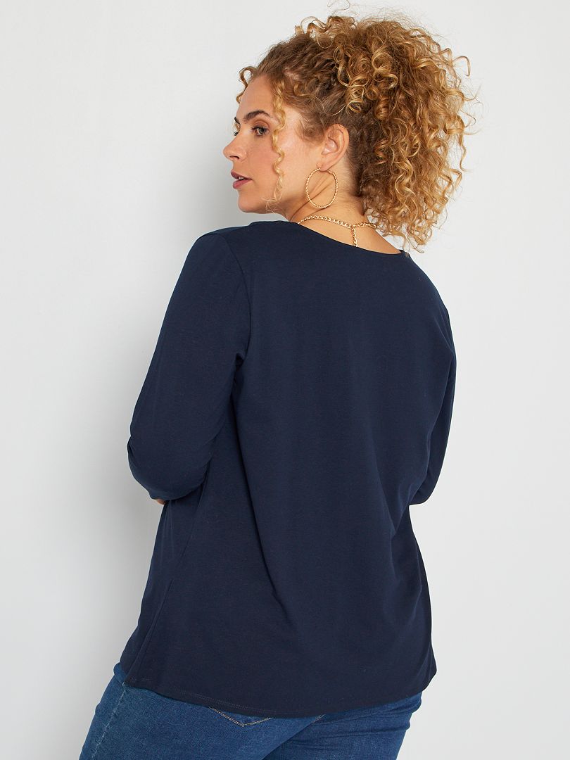 Tee-shirt long fendu manches longues col rond femme Bleu marine en coton