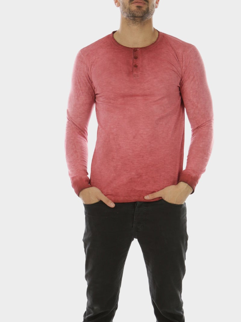 T-shirt manches longues col boutonné Bordeaux - Kiabi