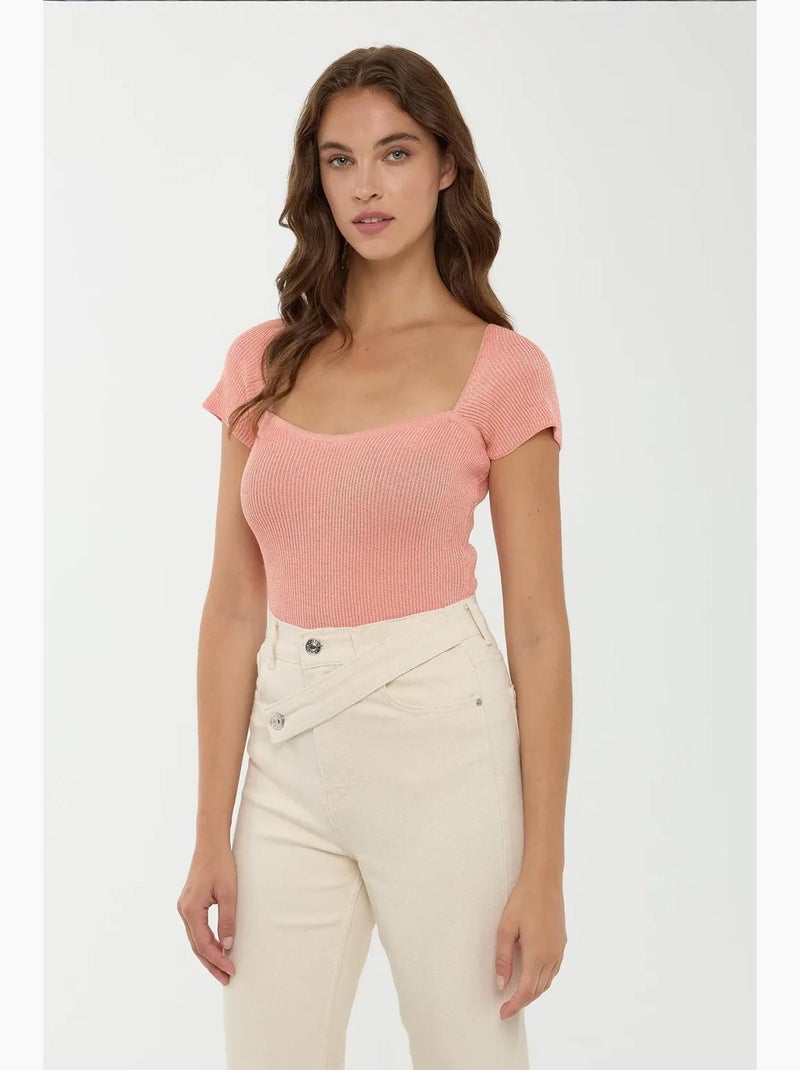 T-shirt manches longues col carré en maille hiccup Rose - Kiabi