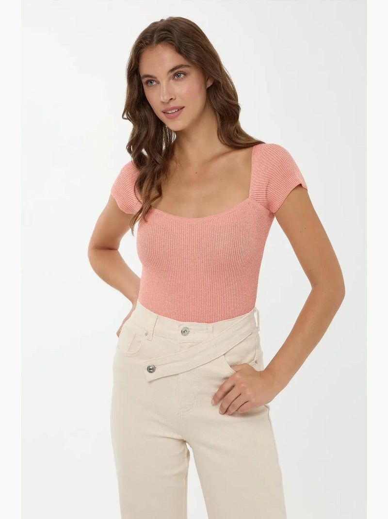 T-shirt manches longues col carré en maille hiccup Rose - Kiabi