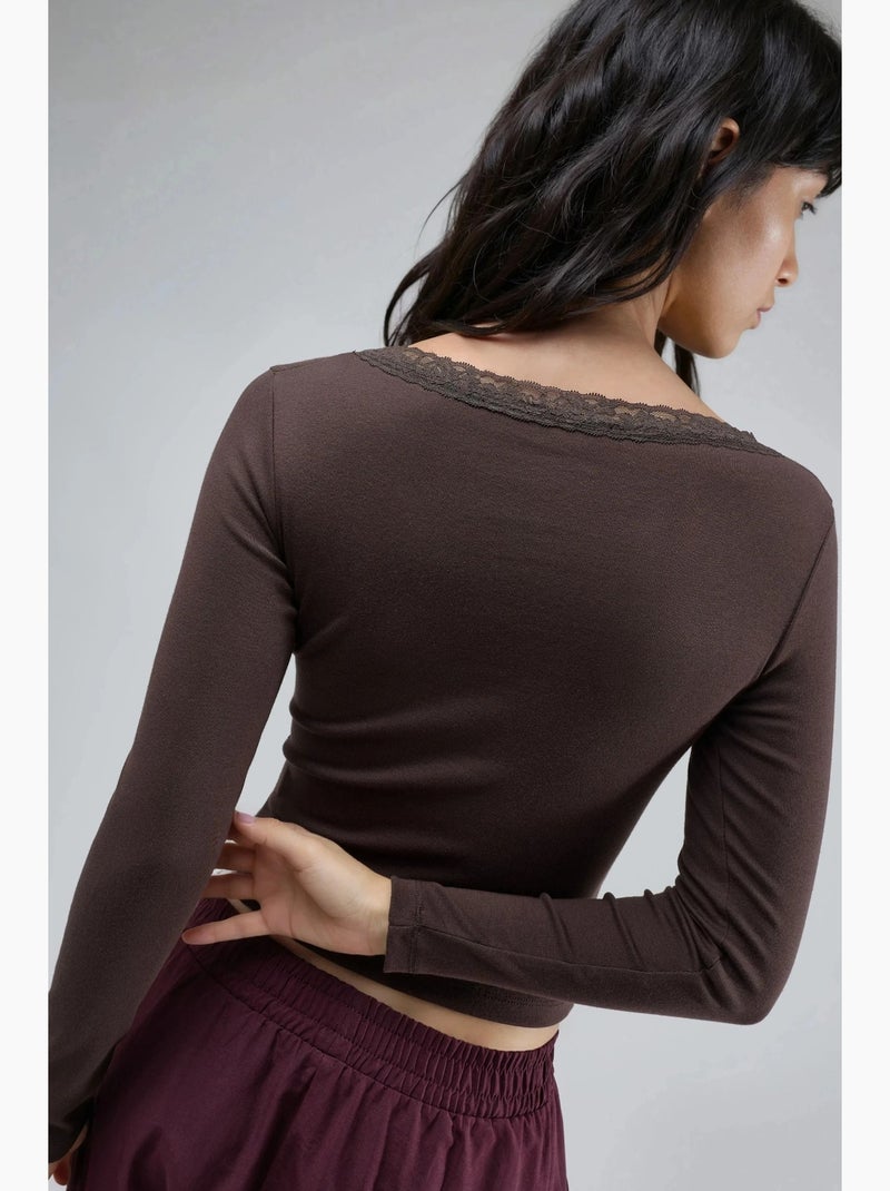 T-shirt manches longues col en v détail dentelle coupe ajustée busem Marron foncé - Kiabi