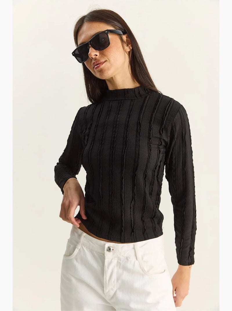 T-shirt manches longues col montant coton lucci Noir - Kiabi