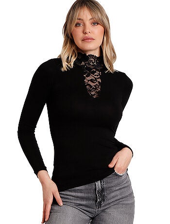 T-shirt manches longues col montant dentelle Puntilla