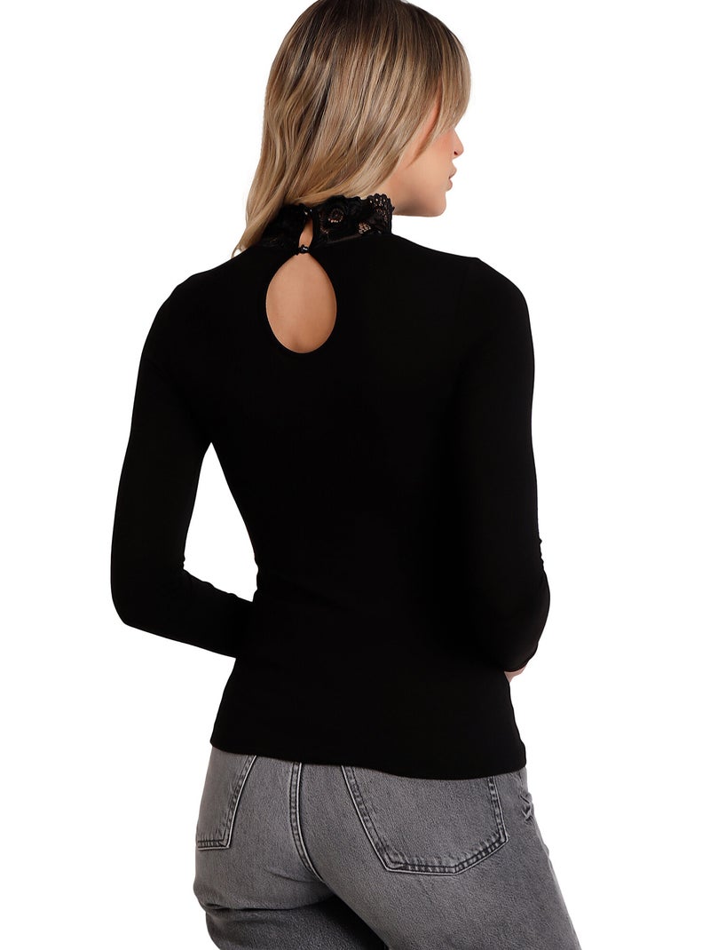 T-shirt manches longues col montant dentelle Puntilla Noir - Kiabi