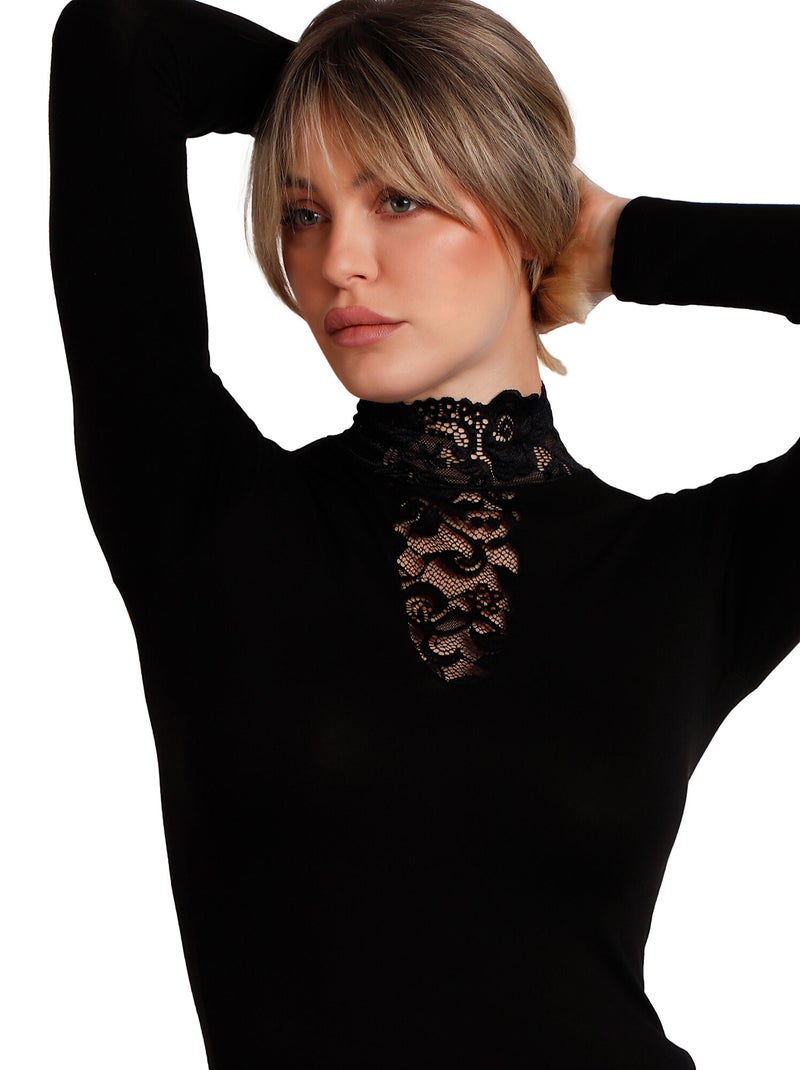 T-shirt manches longues col montant dentelle Puntilla Noir - Kiabi
