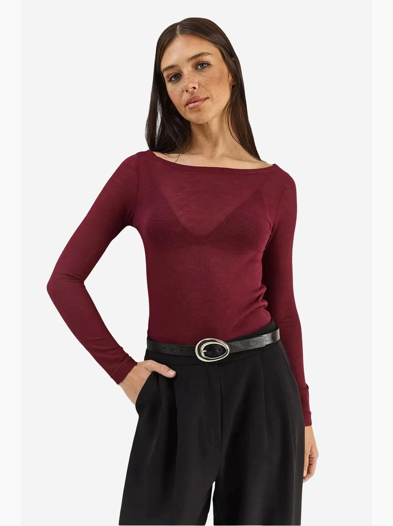 T-shirt manches longues col rond basique transparent lucci Rouge bordeaux - Kiabi