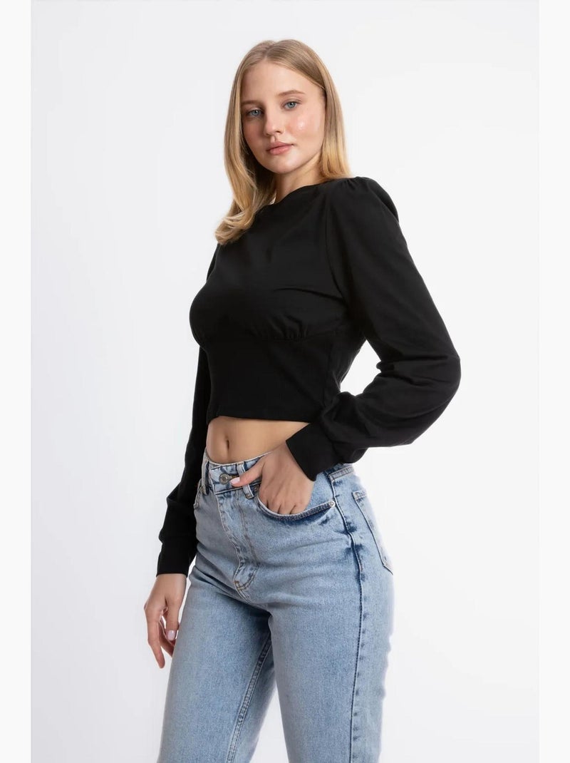 T-shirt manches longues col rond détails hiccup Noir - Kiabi