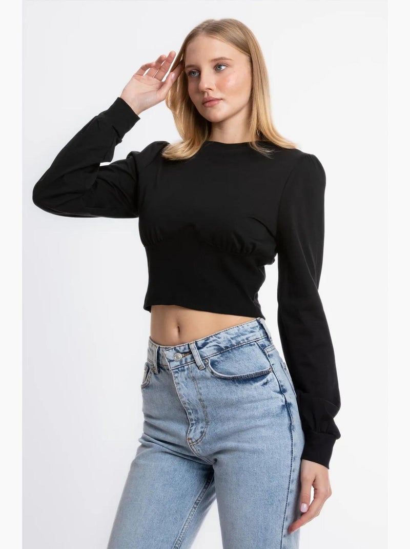 T-shirt manches longues col rond détails hiccup Noir - Kiabi