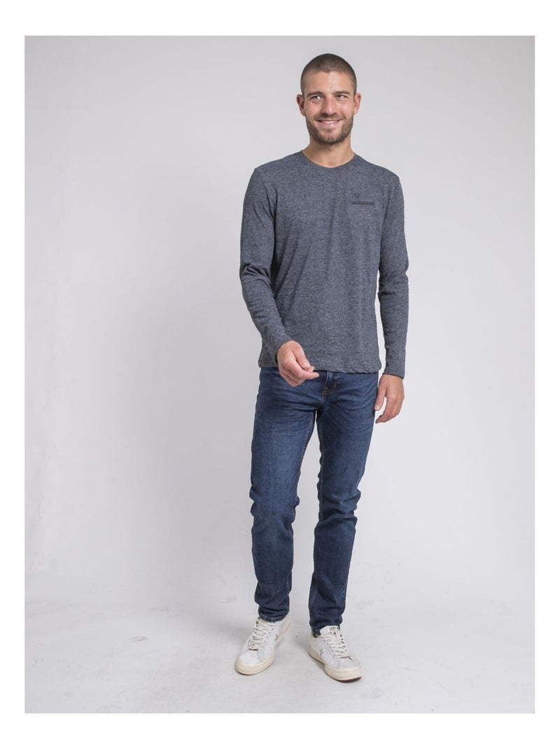 T-shirt manches longues col rond pur coton JABERTOLO Bleu marine - Kiabi