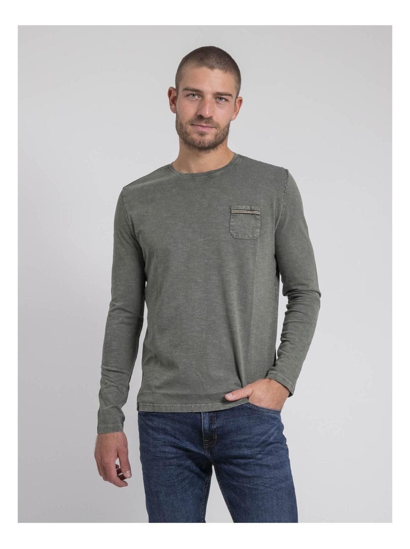 T-shirt manches longues col rond pur coton JABITAL Kaki - Kiabi