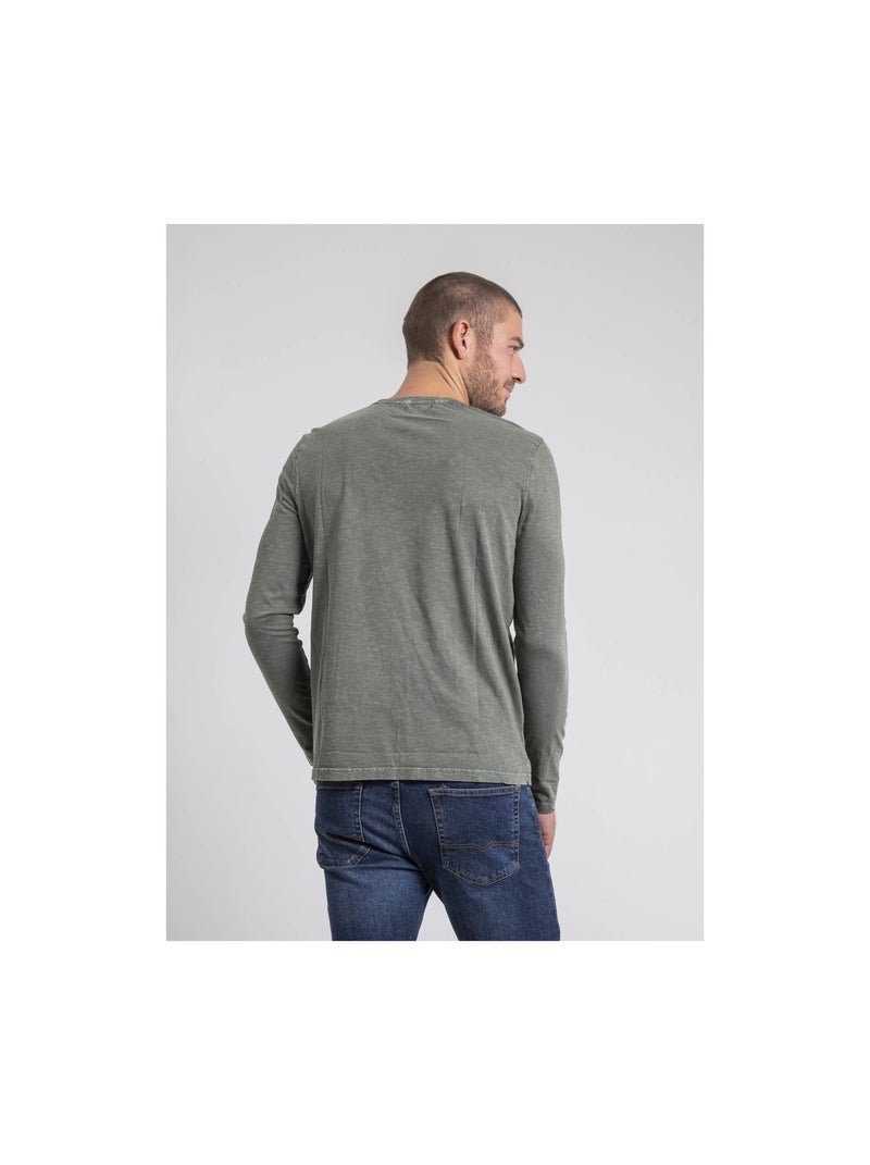 T-shirt manches longues col rond pur coton JABITAL Kaki - Kiabi