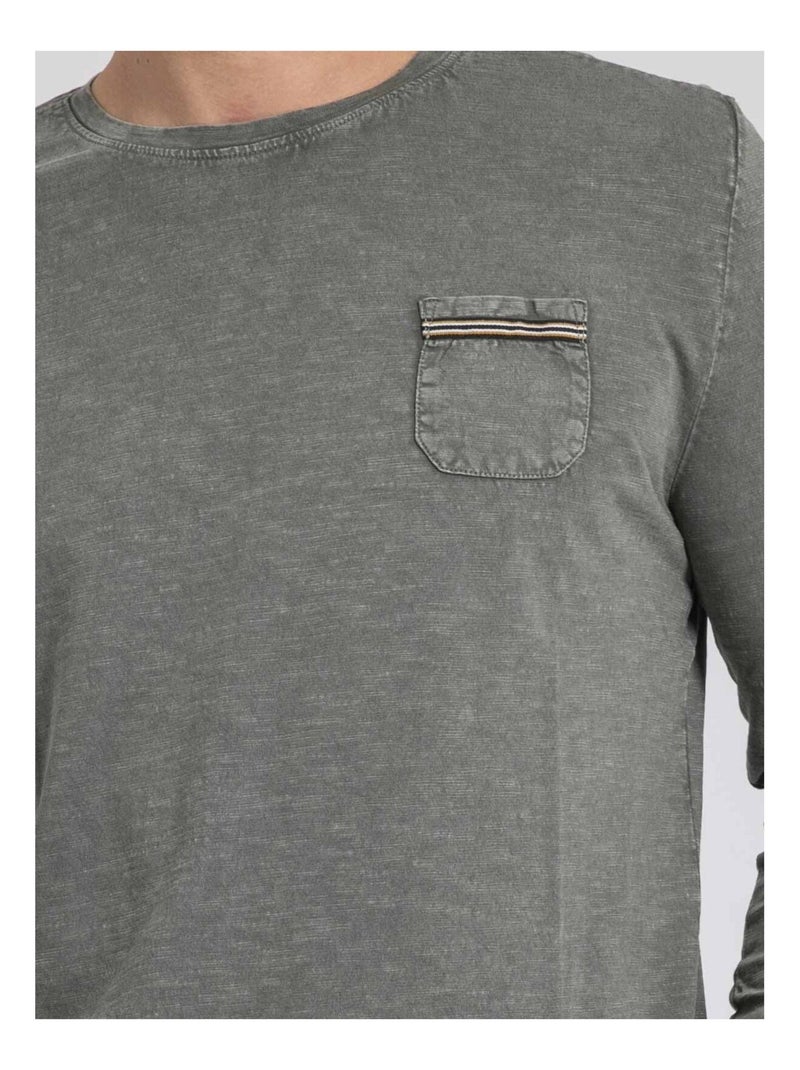 T-shirt manches longues col rond pur coton JABITAL Kaki - Kiabi