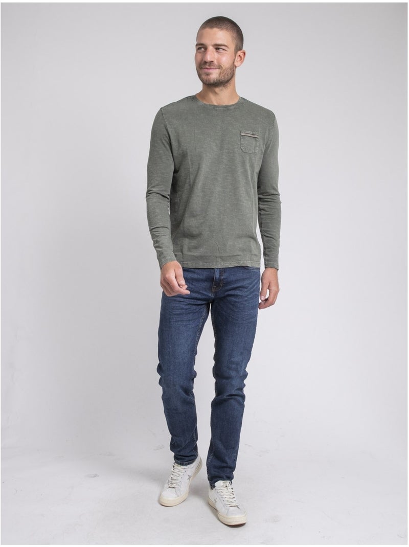 T-shirt manches longues col rond pur coton JABITAL Kaki - Kiabi