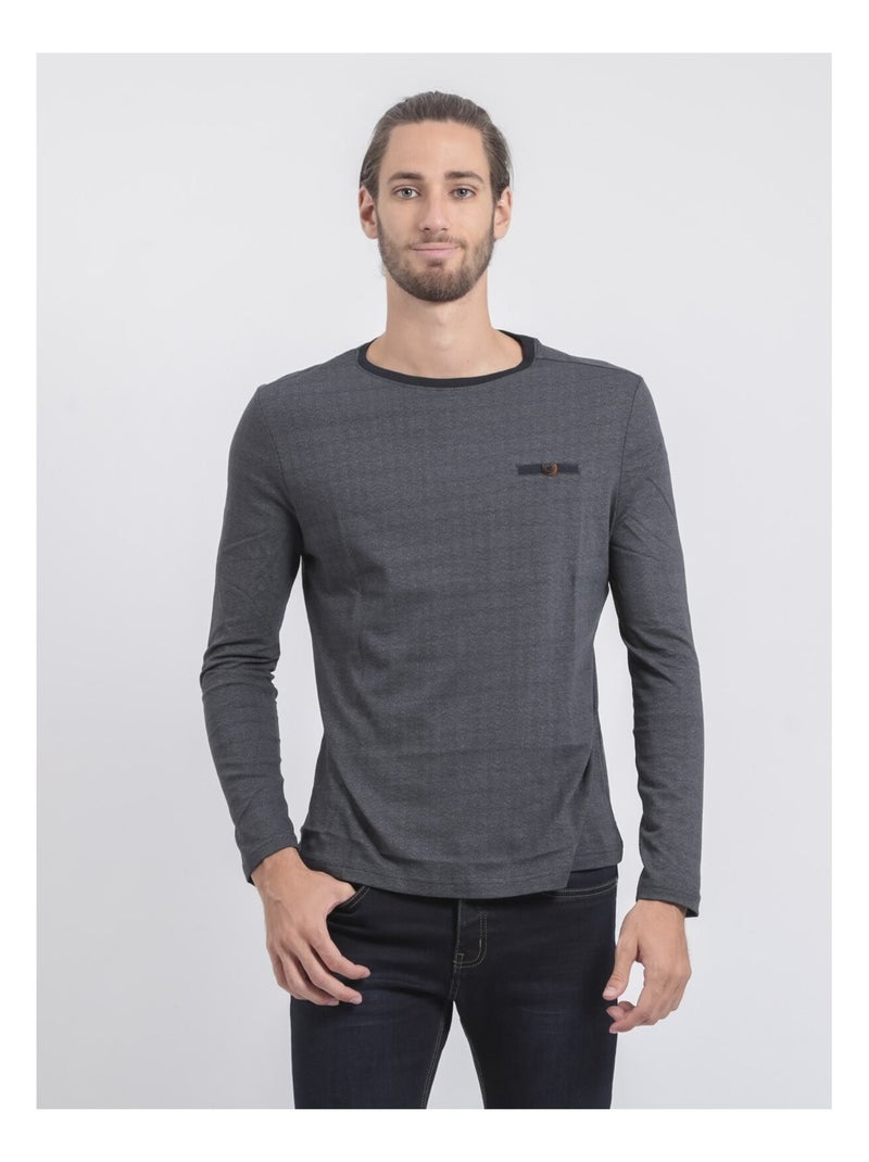 T-shirt manches longues col rond pur coton JACOU Bleu marine - Kiabi