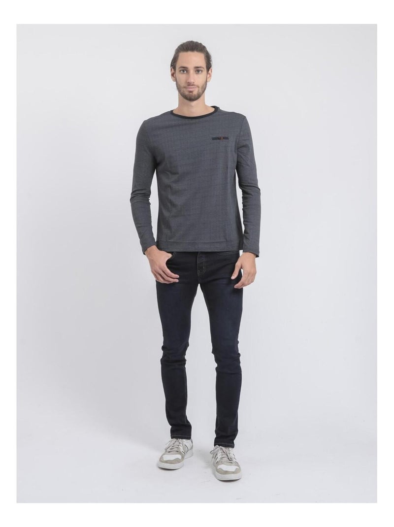 T-shirt manches longues col rond pur coton JACOU Bleu marine - Kiabi