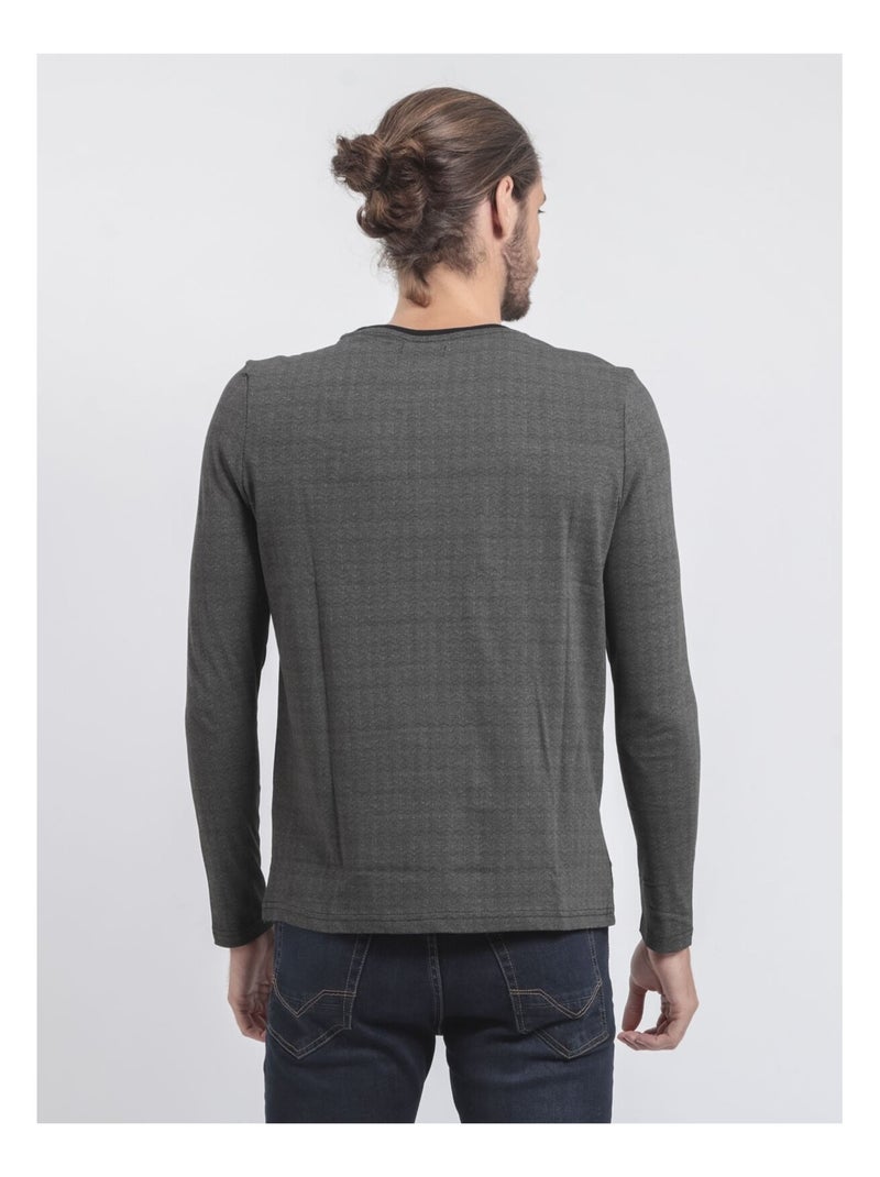 T-shirt manches longues col rond pur coton JACOU Kaki - Kiabi