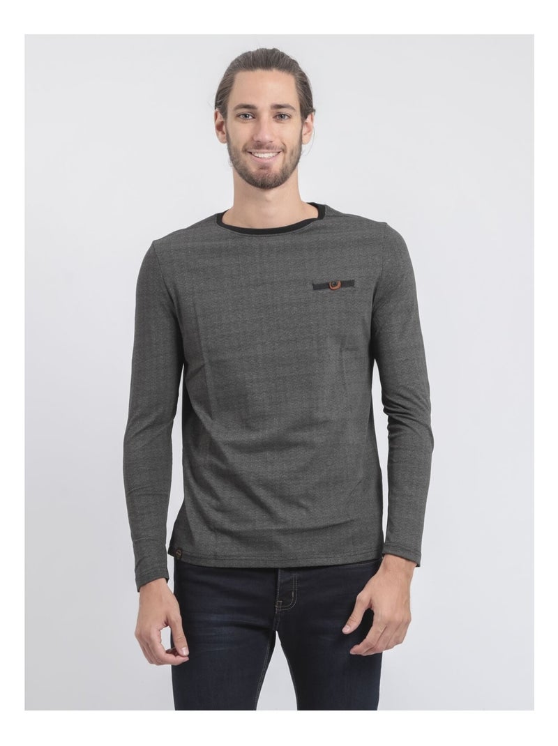 T-shirt manches longues col rond pur coton JACOU Kaki - Kiabi