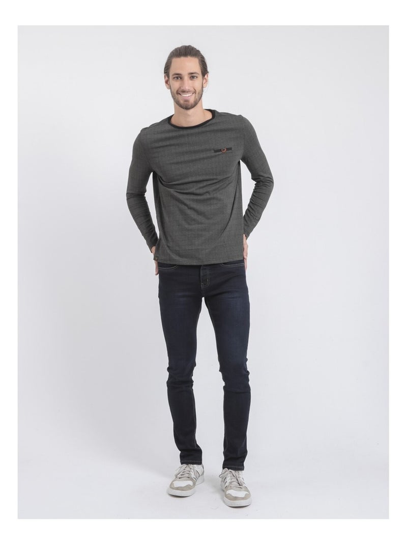 T-shirt manches longues col rond pur coton JACOU Kaki - Kiabi