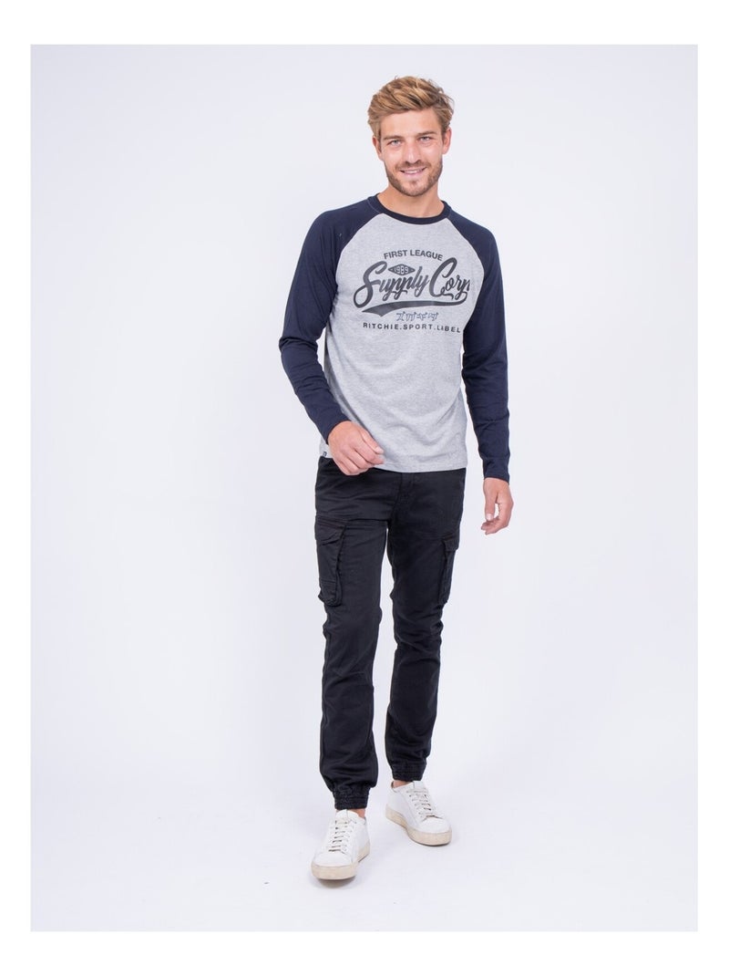T-shirt manches longues col rond pur coton JANDAT Bleu marine - Kiabi