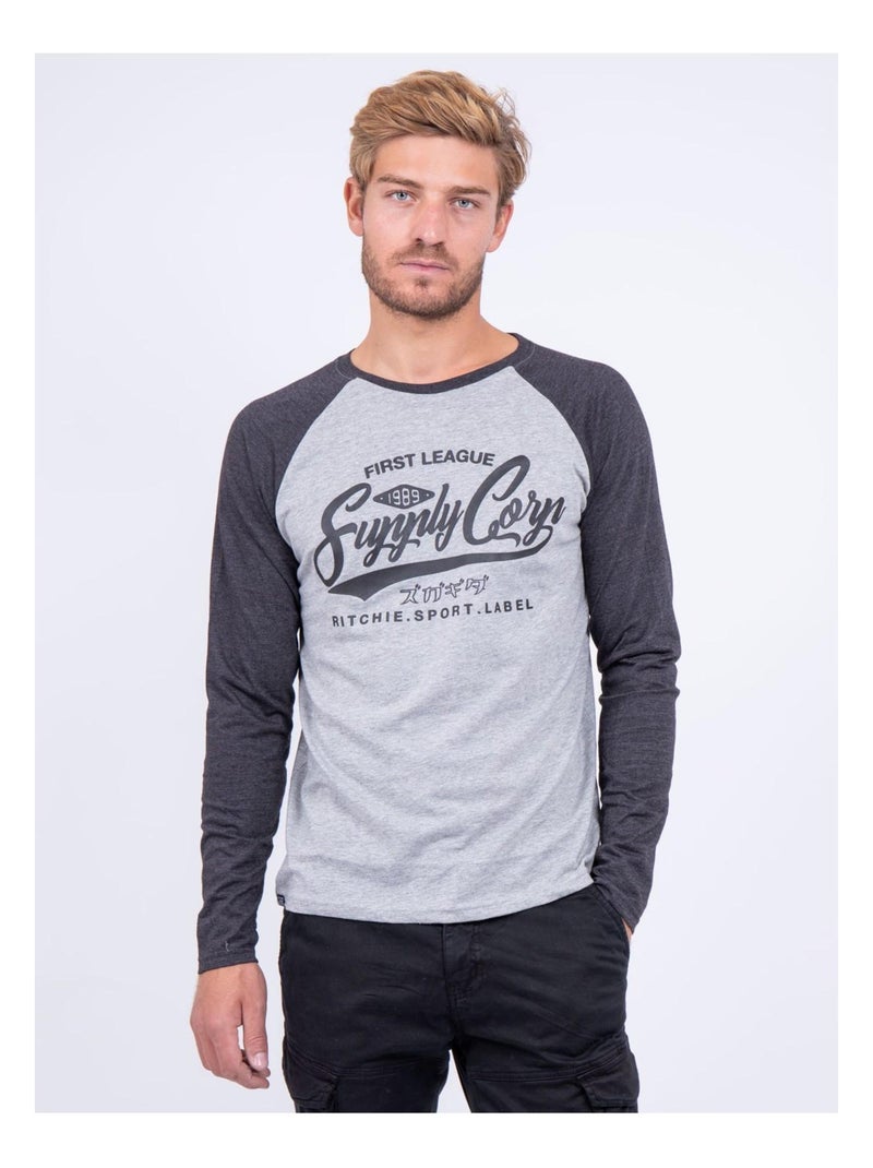 T-shirt manches longues col rond pur coton JANDAT gris anthracite - Kiabi