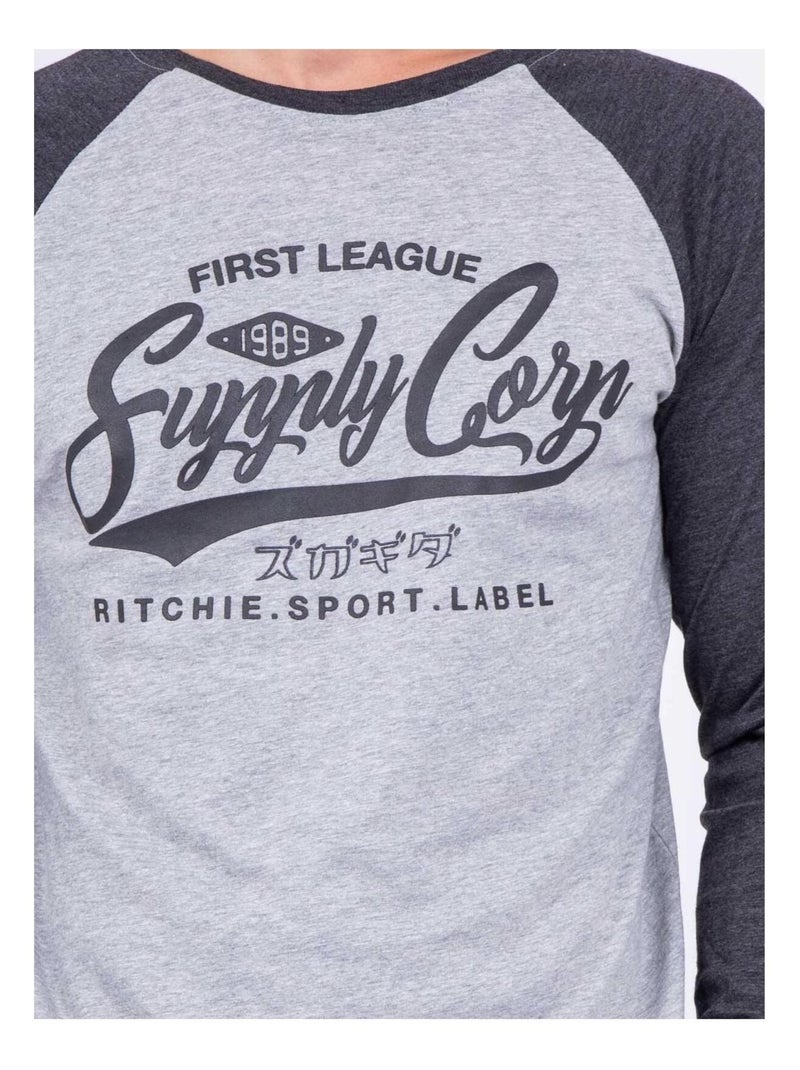 T-shirt manches longues col rond pur coton JANDAT gris anthracite - Kiabi