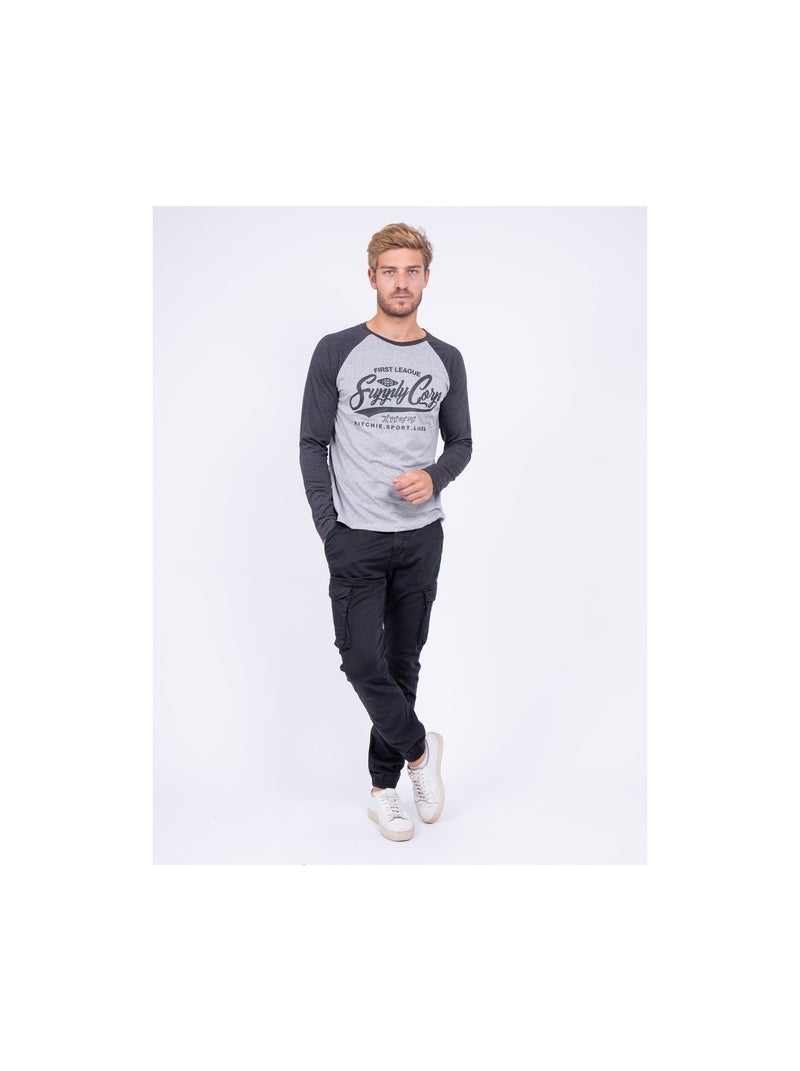 T-shirt manches longues col rond pur coton JANDAT gris anthracite - Kiabi