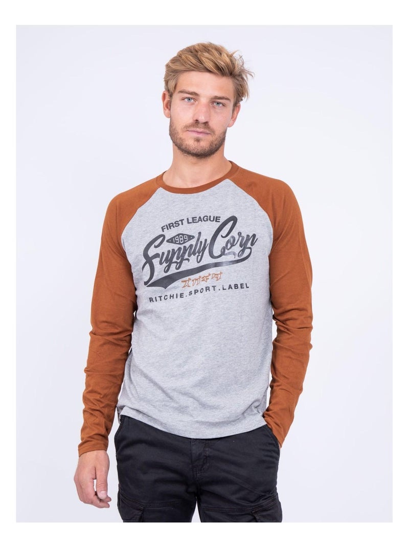 T-shirt manches longues col rond pur coton JANDAT Marron - Kiabi