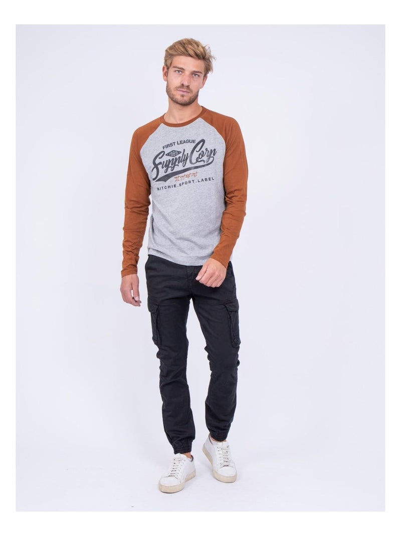 T-shirt manches longues col rond pur coton JANDAT Marron - Kiabi