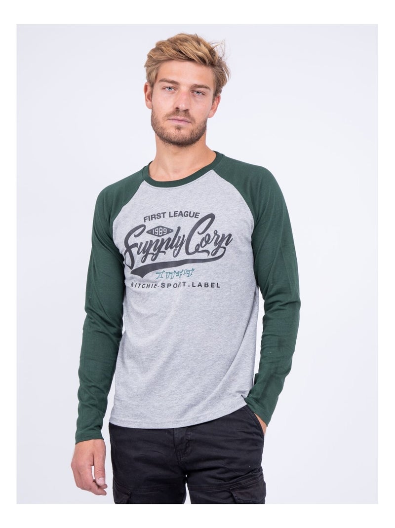 T-shirt manches longues col rond pur coton JANDAT Vert - Kiabi