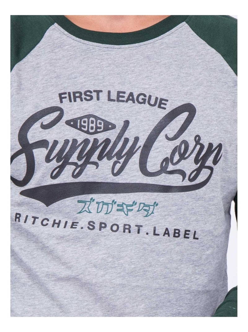 T-shirt manches longues col rond pur coton JANDAT Vert - Kiabi