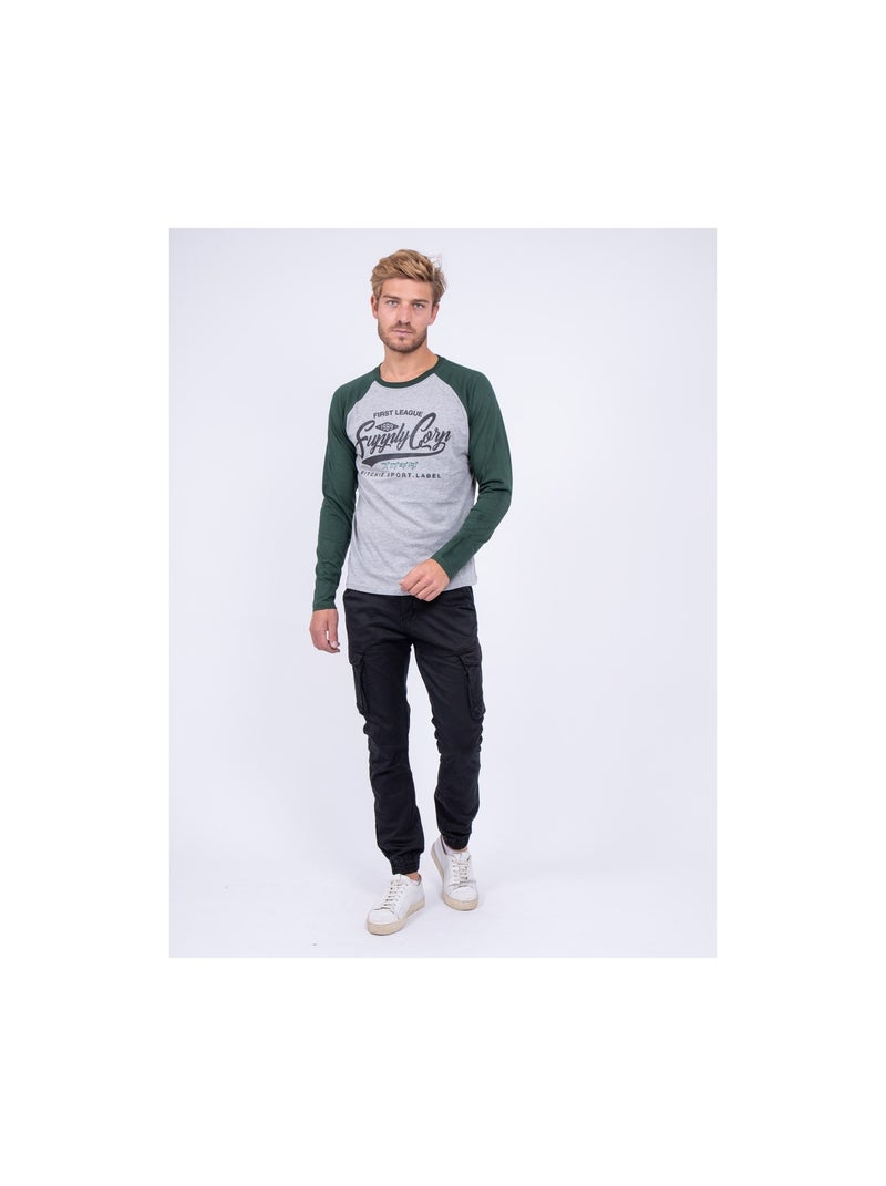 T-shirt manches longues col rond pur coton JANDAT Vert - Kiabi