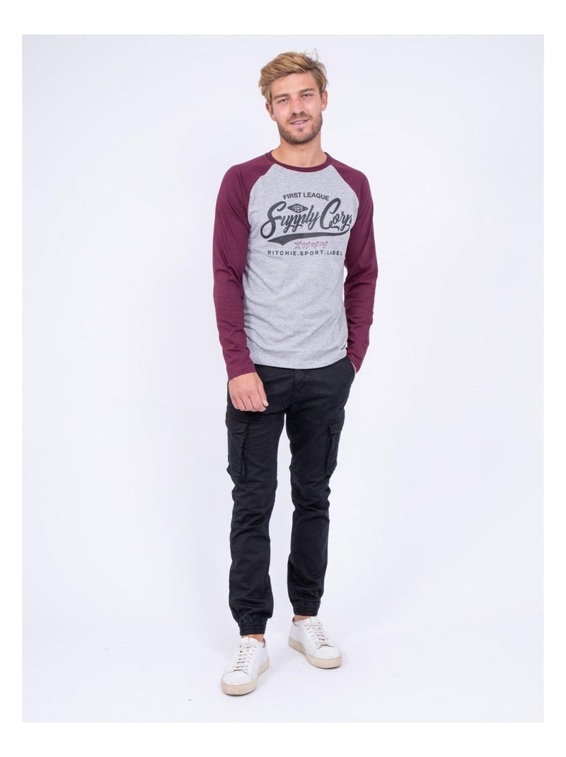 T-shirt manches longues col rond pur coton JANDAT Violet - Kiabi