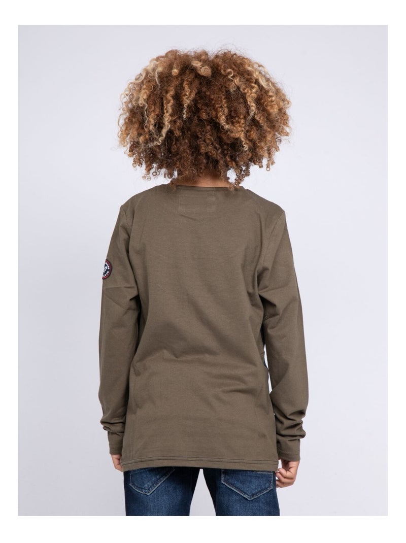 T-shirt manches longues col rond pur coton JANITOU-J Kaki - Kiabi