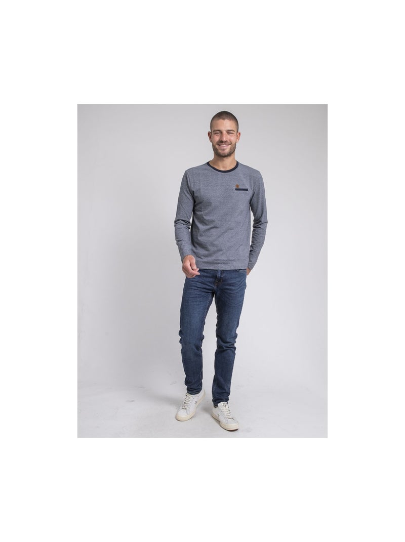 T-shirt manches longues col rond pur coton JARAMOJI Bleu marine - Kiabi