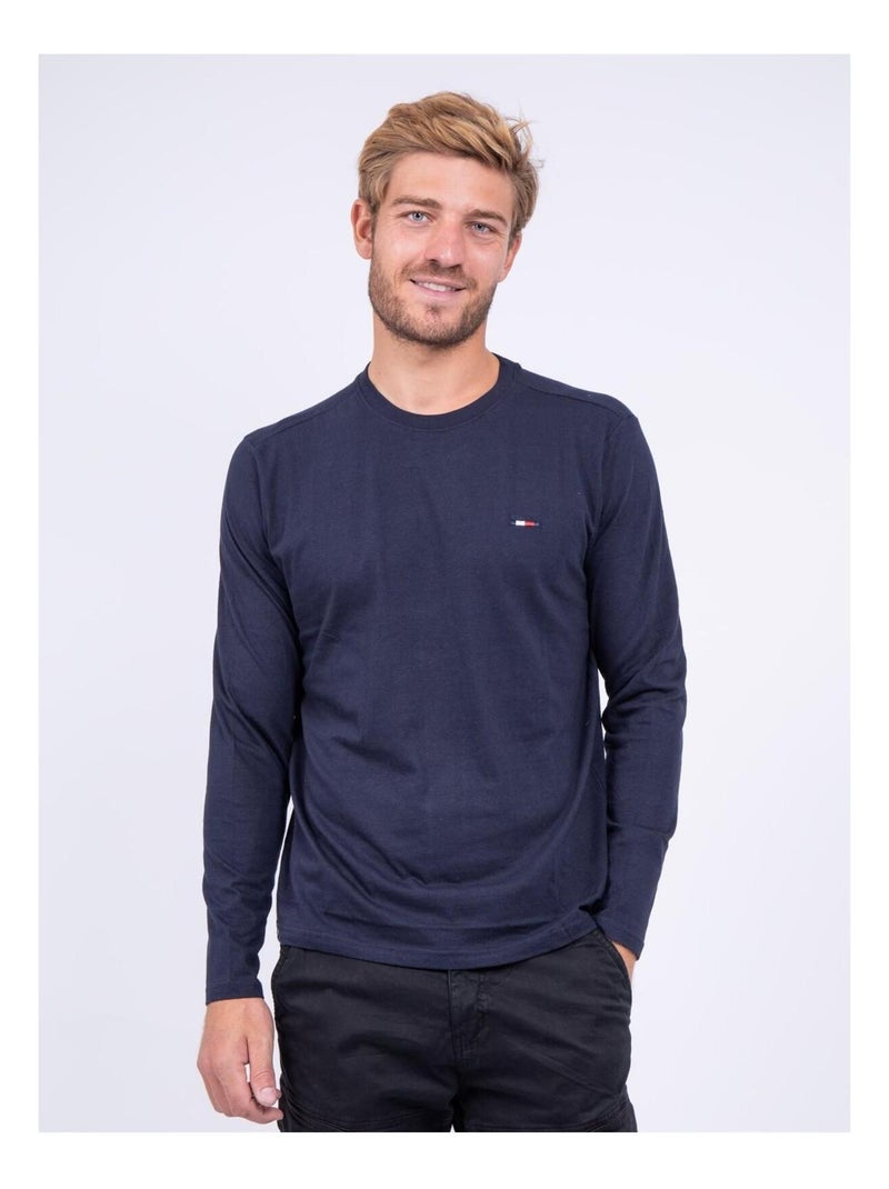 T-shirt manches longues col rond pur coton JARYZO Bleu marine - Kiabi