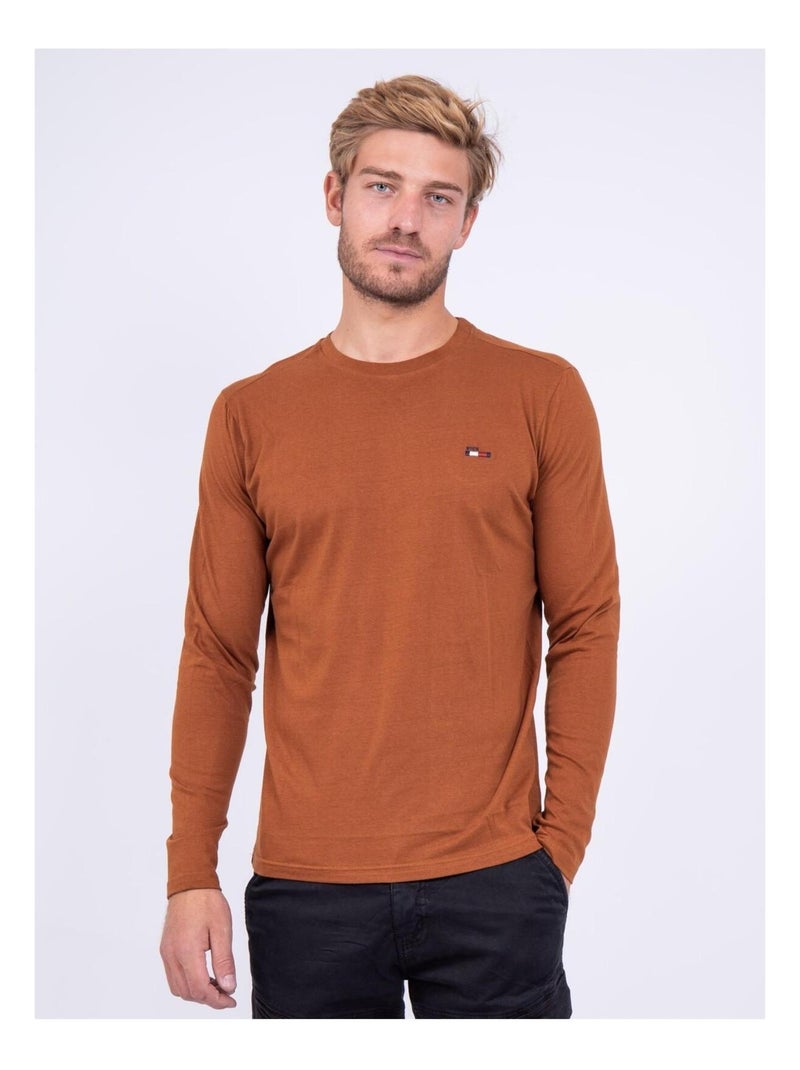 T-shirt manches longues col rond pur coton JARYZO Marron - Kiabi