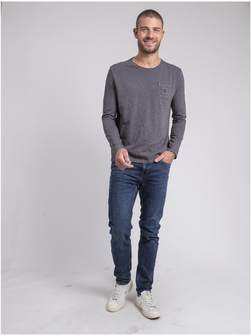 T-shirt manches longues col rond pur coton JAVELOTI Gris - Kiabi