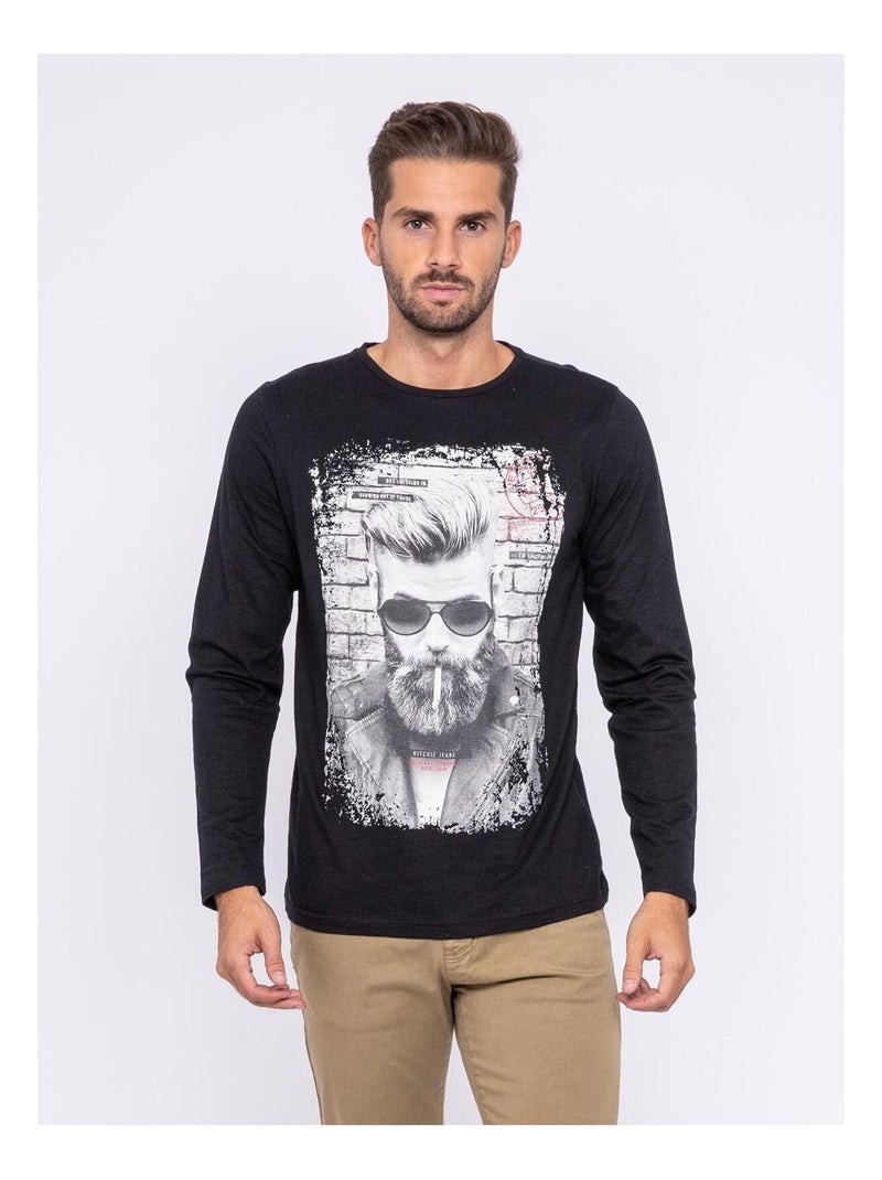 T-shirt manches longues col rond pur coton JAXEL Noir - Kiabi