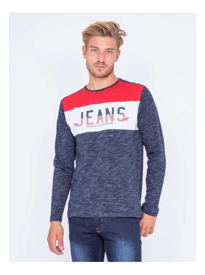 T-shirt manches longues col rond pur coton JILAMBY Bleu marine - Kiabi
