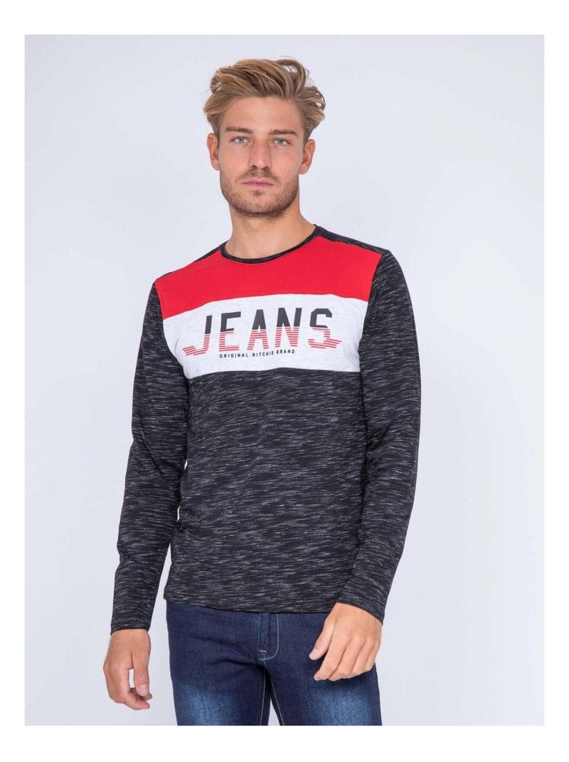 T-shirt manches longues col rond pur coton JILAMBY Noir - Kiabi