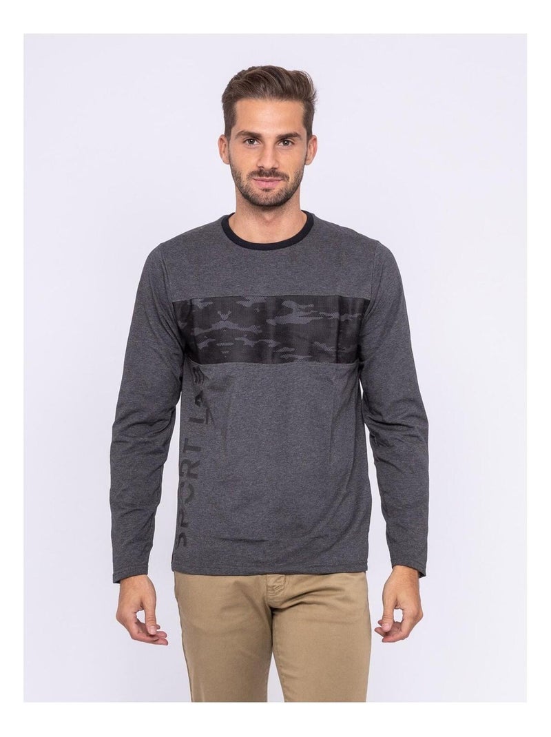 T-shirt manches longues col rond pur coton JILATIX Gris foncé - Kiabi