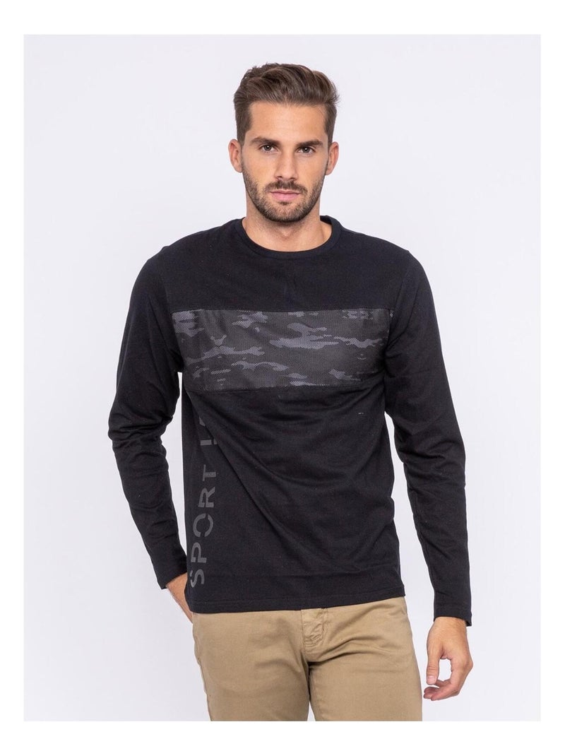 T-shirt manches longues col rond pur coton JILATIX Noir - Kiabi