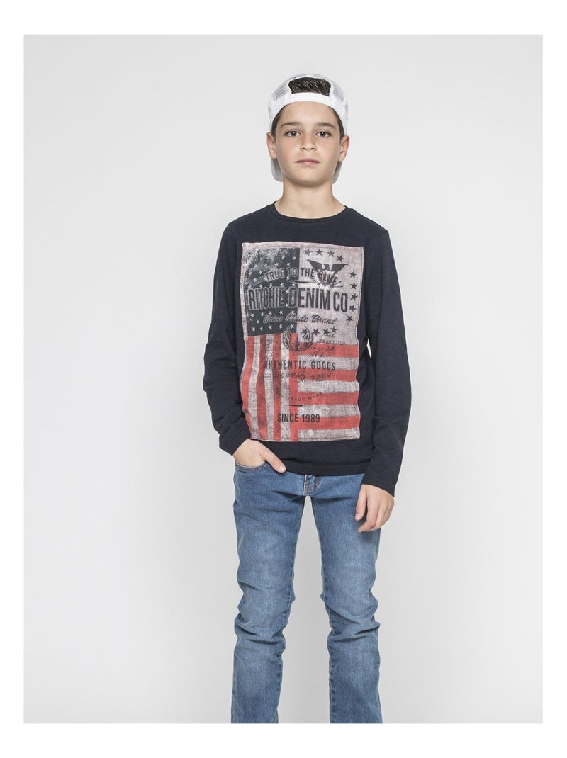 T-shirt manches longues col rond pur coton JOBARY-J Bleu marine - Kiabi