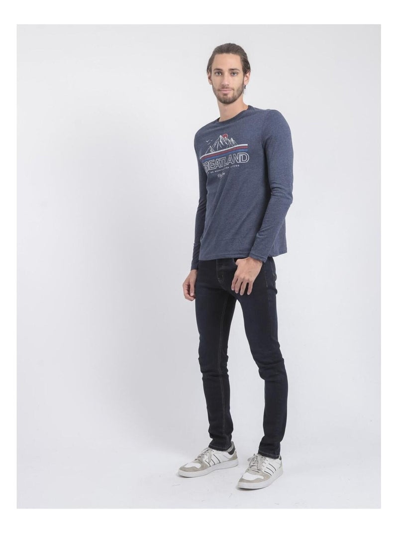 T-shirt manches longues col rond pur coton JORIMUX Bleu marine - Kiabi