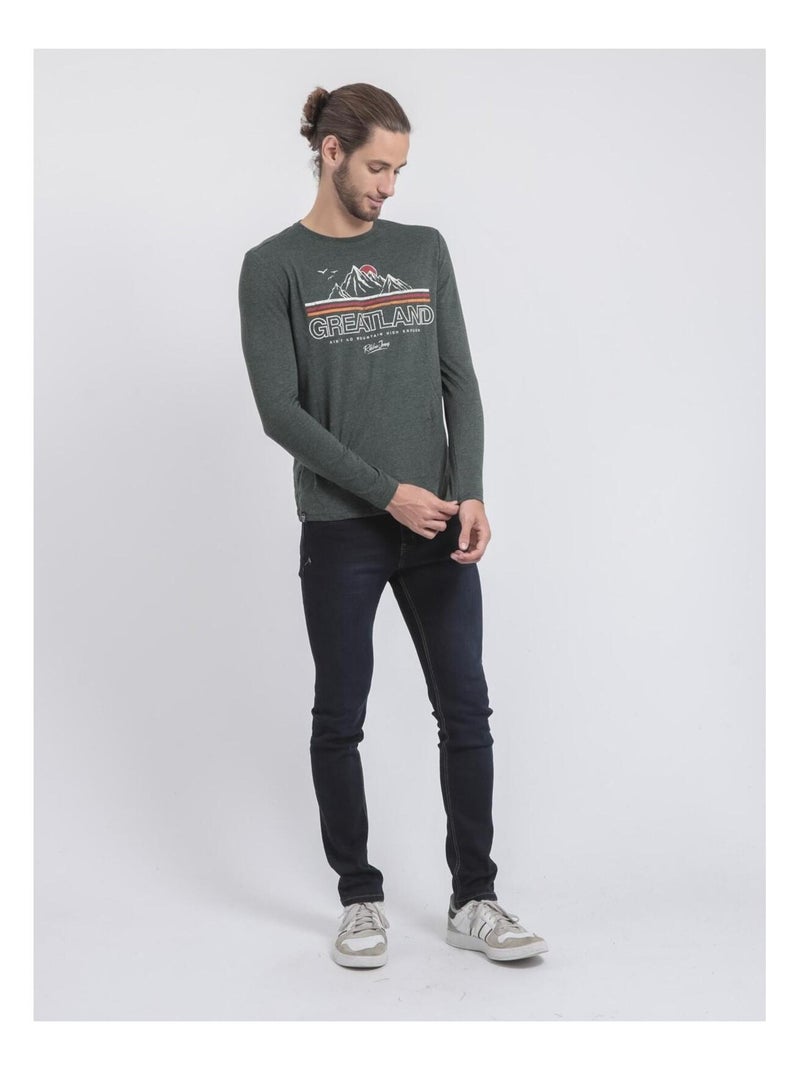 T-shirt manches longues col rond pur coton JORIMUX Vert foncé - Kiabi