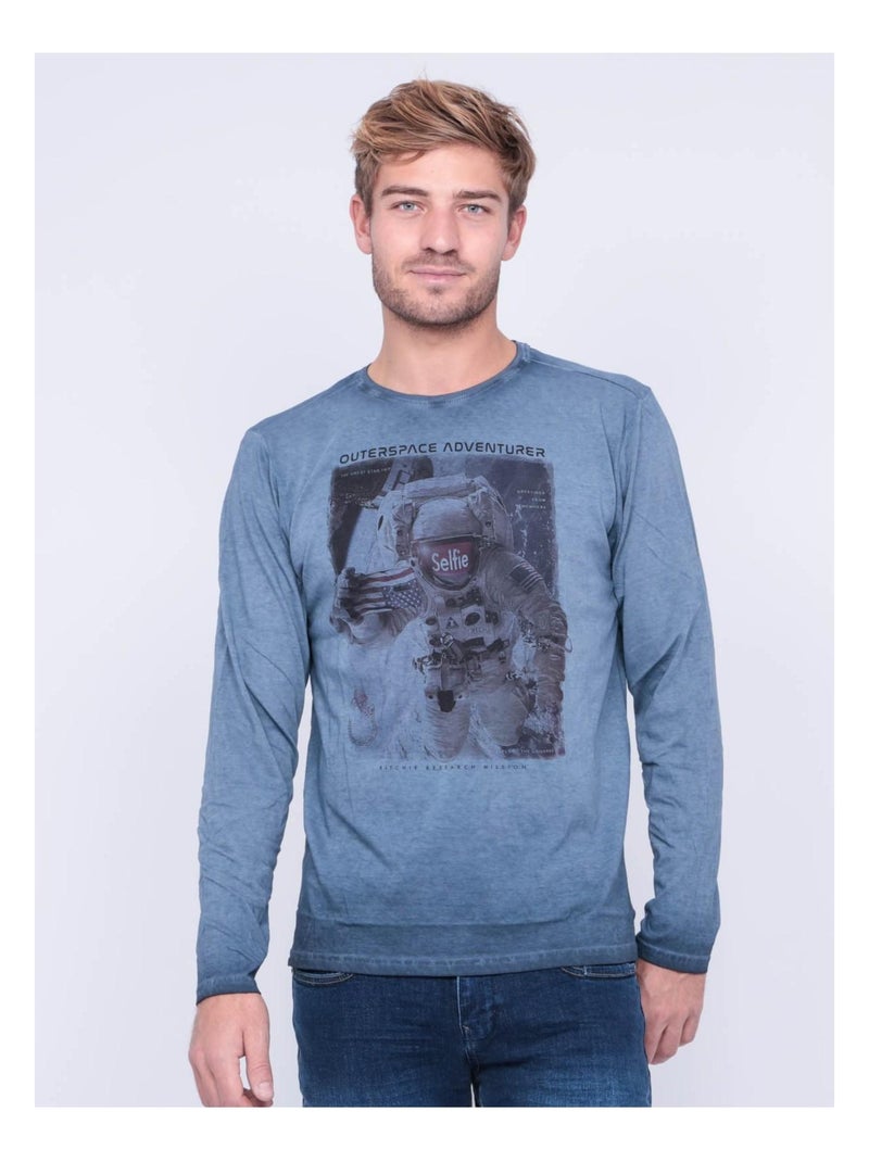 T-shirt manches longues col rond pur coton JOSTON Bleu marine - Kiabi